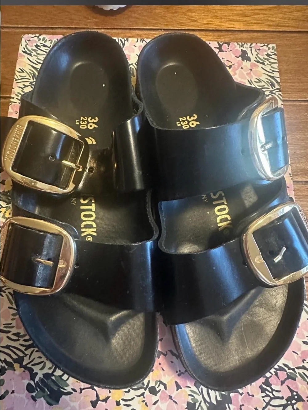 Birkenstock Black Two-Buckle Sandals with Gold Buckles
